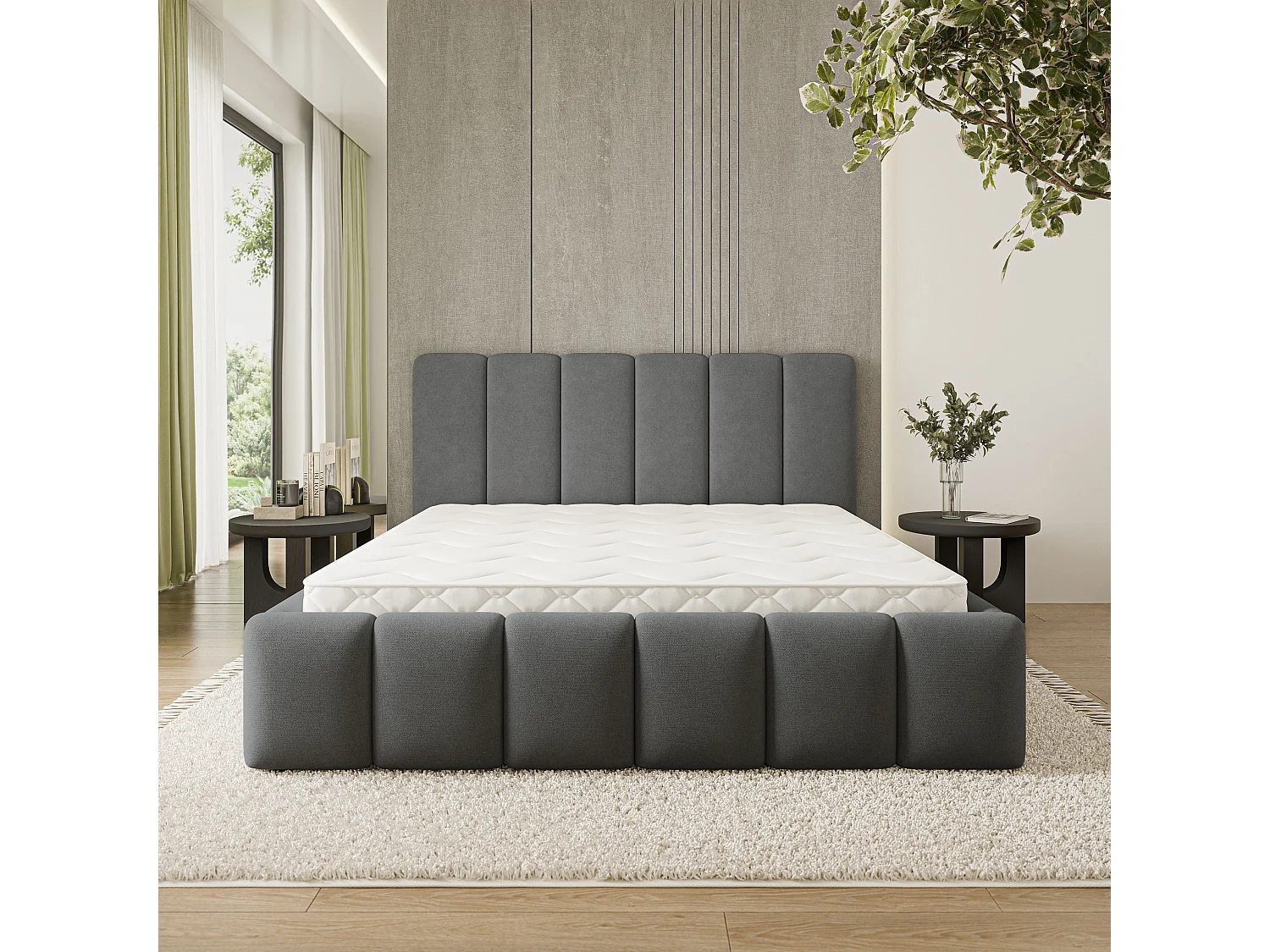 Gestoffeerd bed ATTORA 140x200 cm - Geweven stof - Antraciet