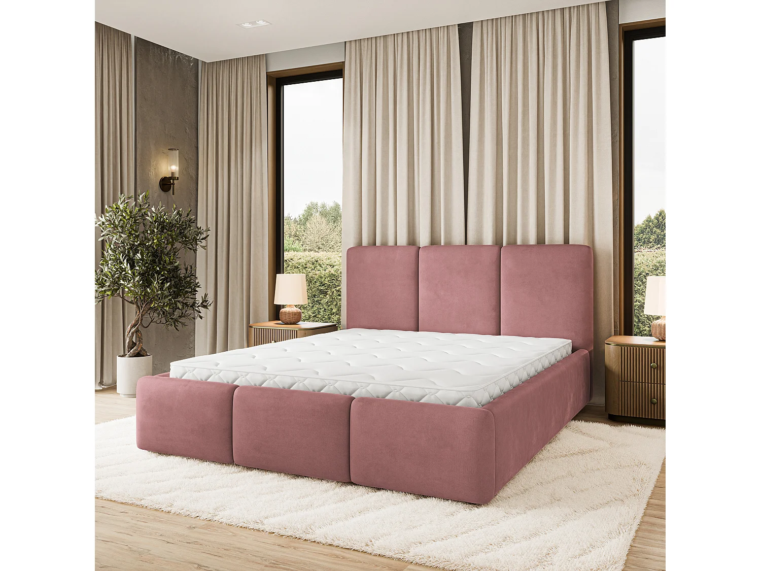 Lit Coffre MORENA 120x200 cm - Tissu velours - Rose