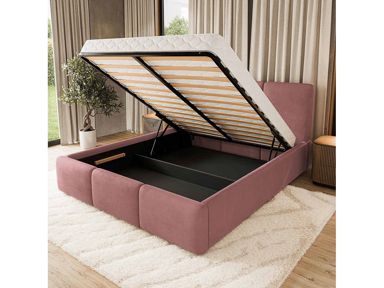 Lit Coffre MORENA 120x200 cm - Tissu velours - Rose