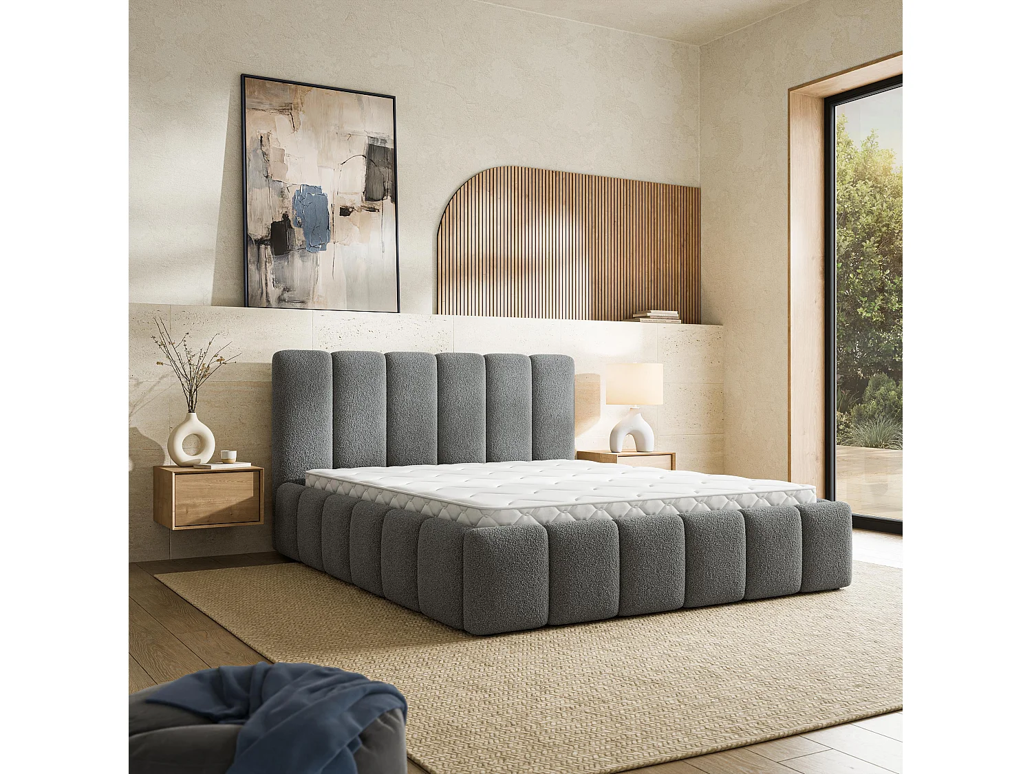 Gestoffeerd bed RANIS 180x200 cm - Bouclé stof - Grijs
