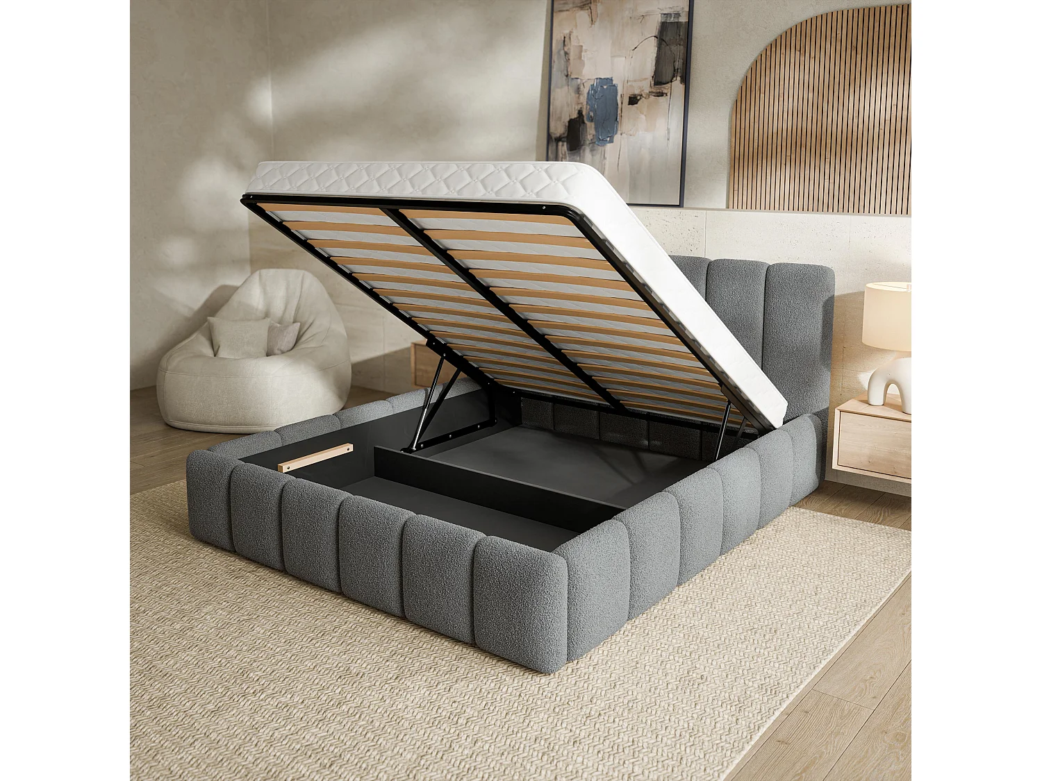 Gestoffeerd bed RANIS 180x200 cm - Bouclé stof - Grijs