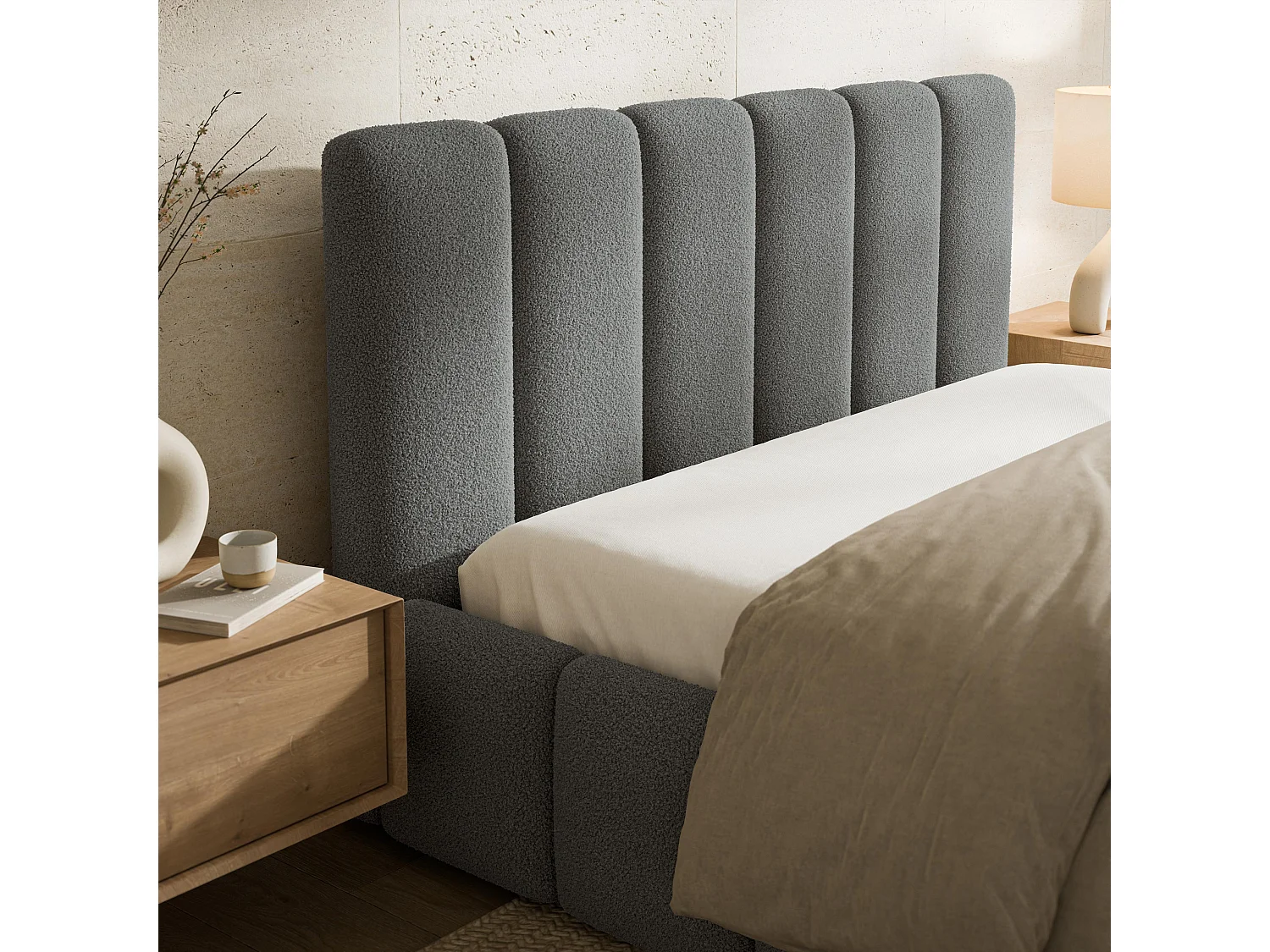 Gestoffeerd bed RANIS 180x200 cm - Bouclé stof - Grijs