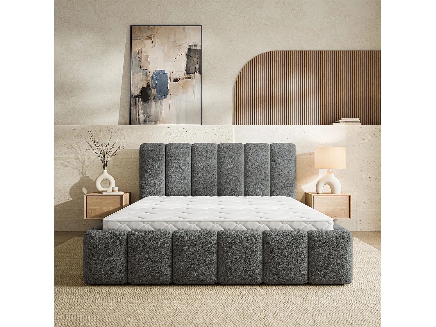 Gestoffeerd bed RANIS 180x200 cm - Bouclé stof - Grijs
