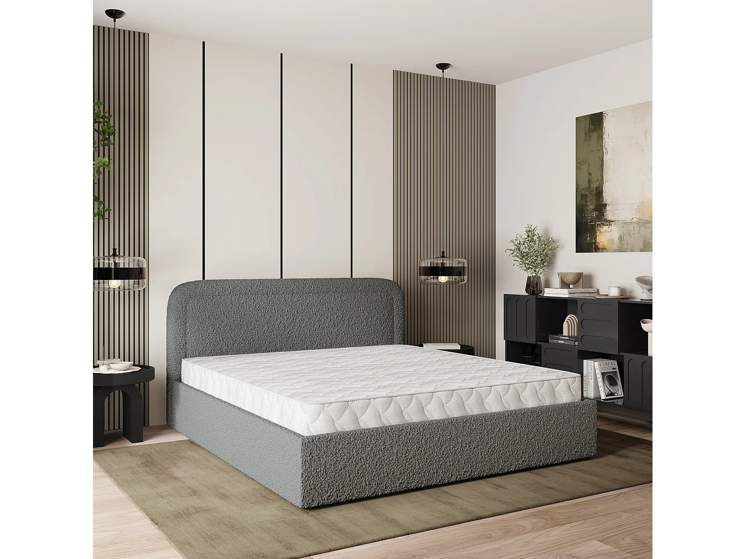 Gestoffeerd bed BENIRA 180x200 cm - Bouclé stof - Grijs