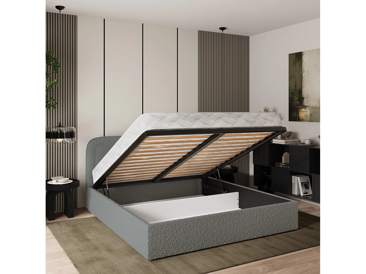 Gestoffeerd bed BENIRA 180x200 cm - Bouclé stof - Grijs