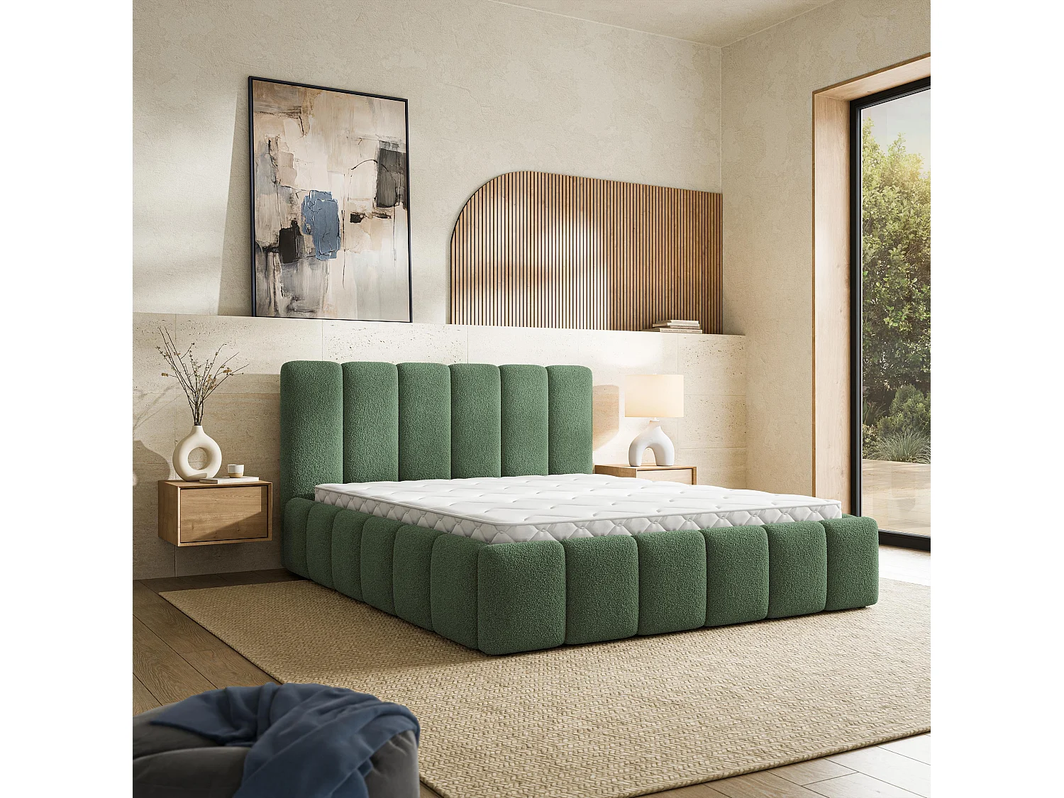 Gestoffeerd bed RANIS 160x200 cm - Bouclé stof - Groen