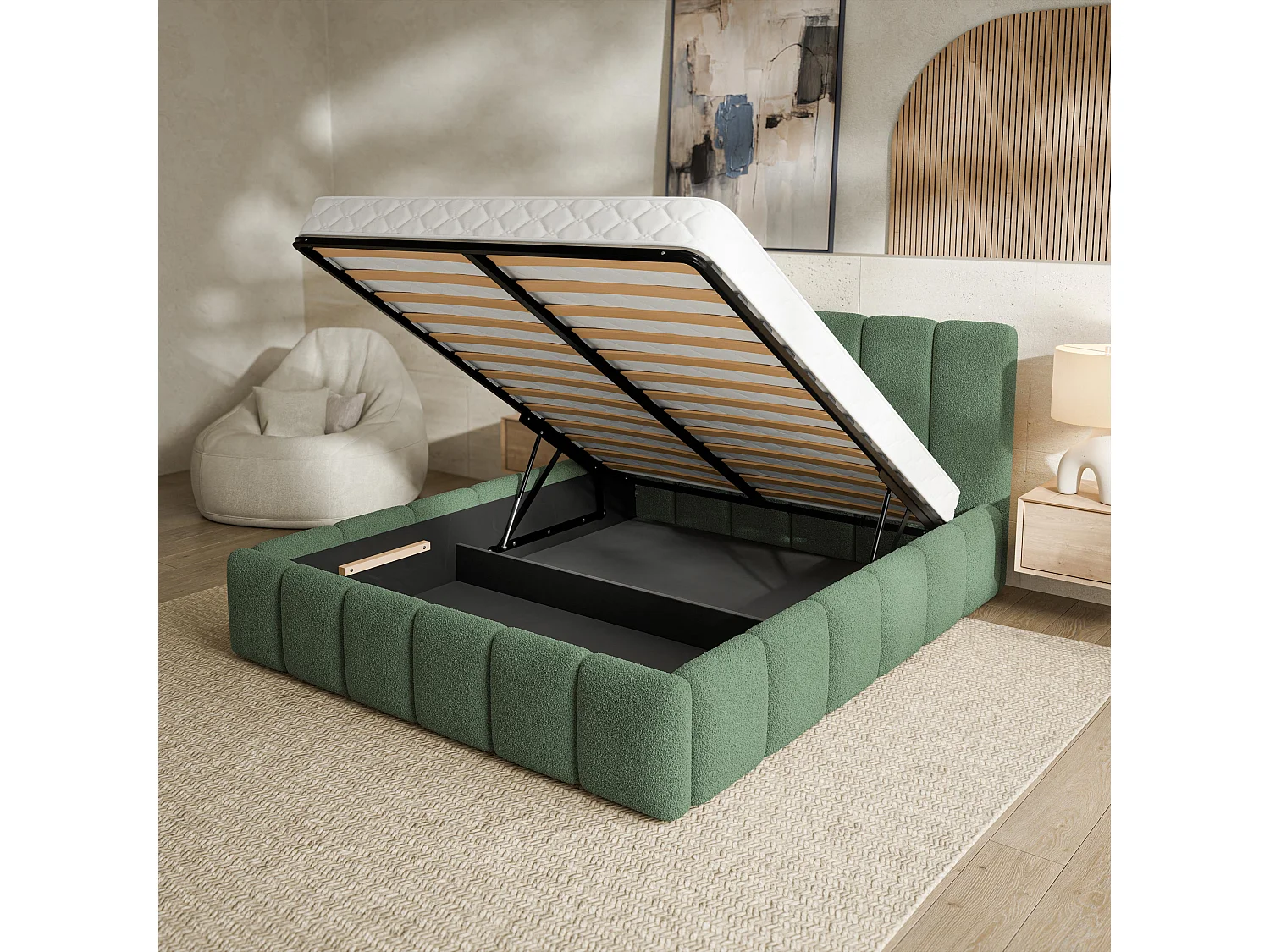 Gestoffeerd bed RANIS 160x200 cm - Bouclé stof - Groen