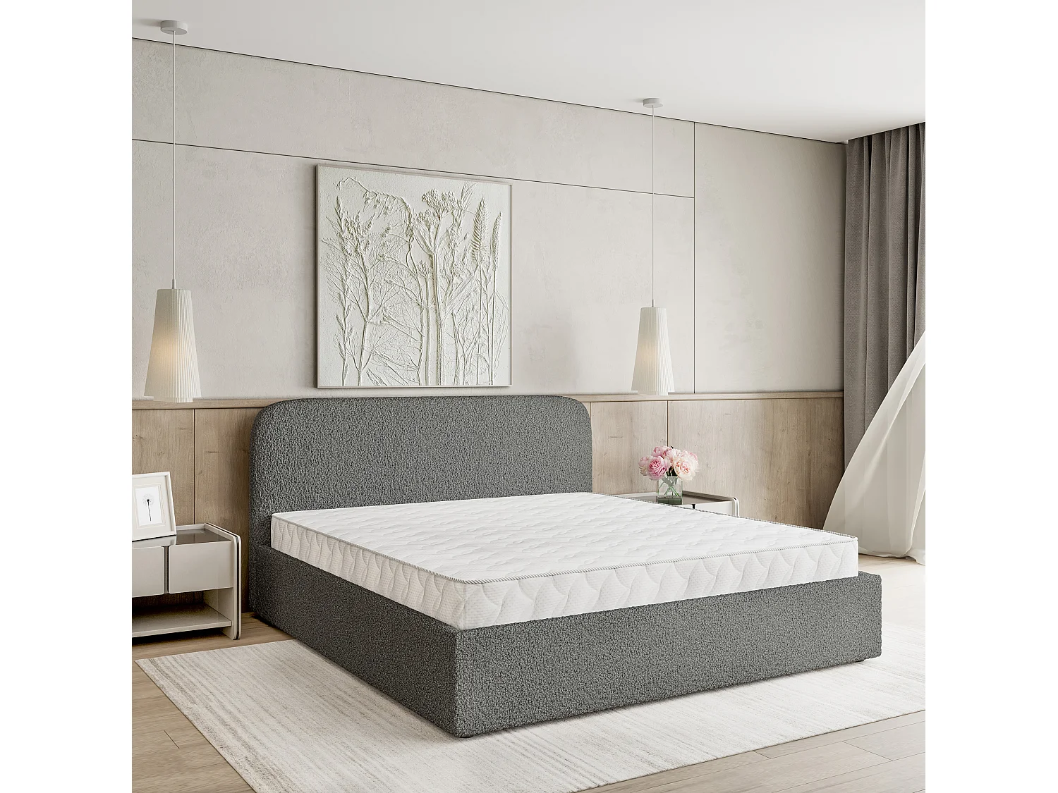 Gestoffeerd bed RENIVE 140x200 cm - Bouclé stof - Grijs