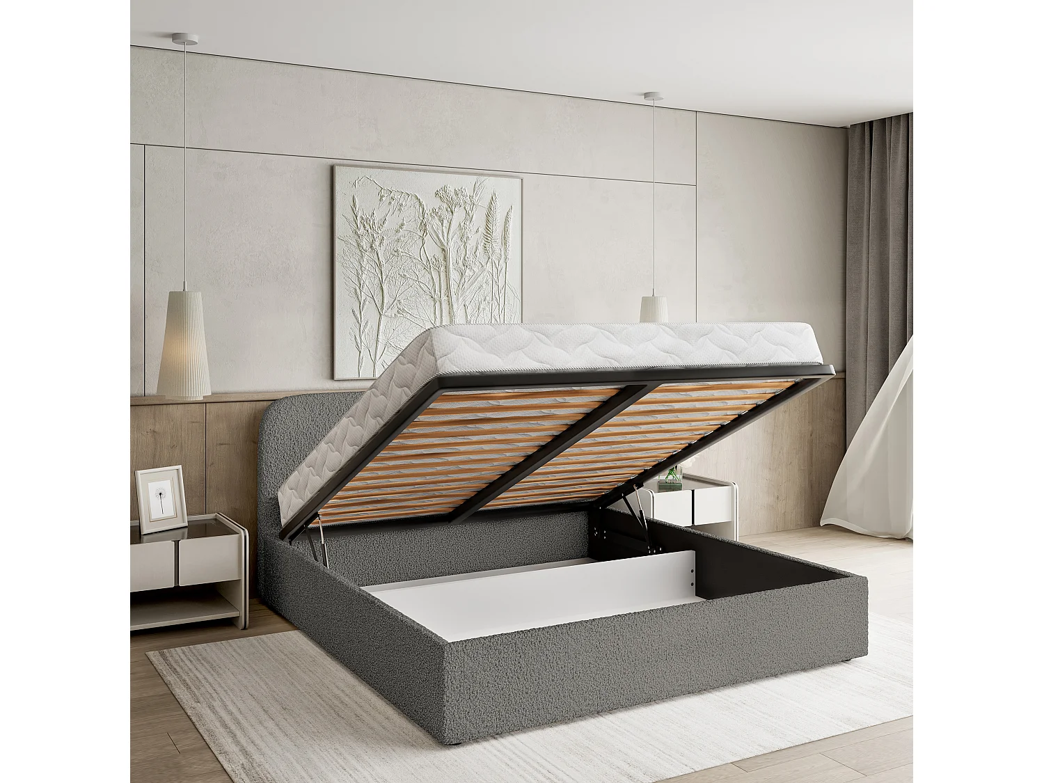 Gestoffeerd bed RENIVE 140x200 cm - Bouclé stof - Grijs