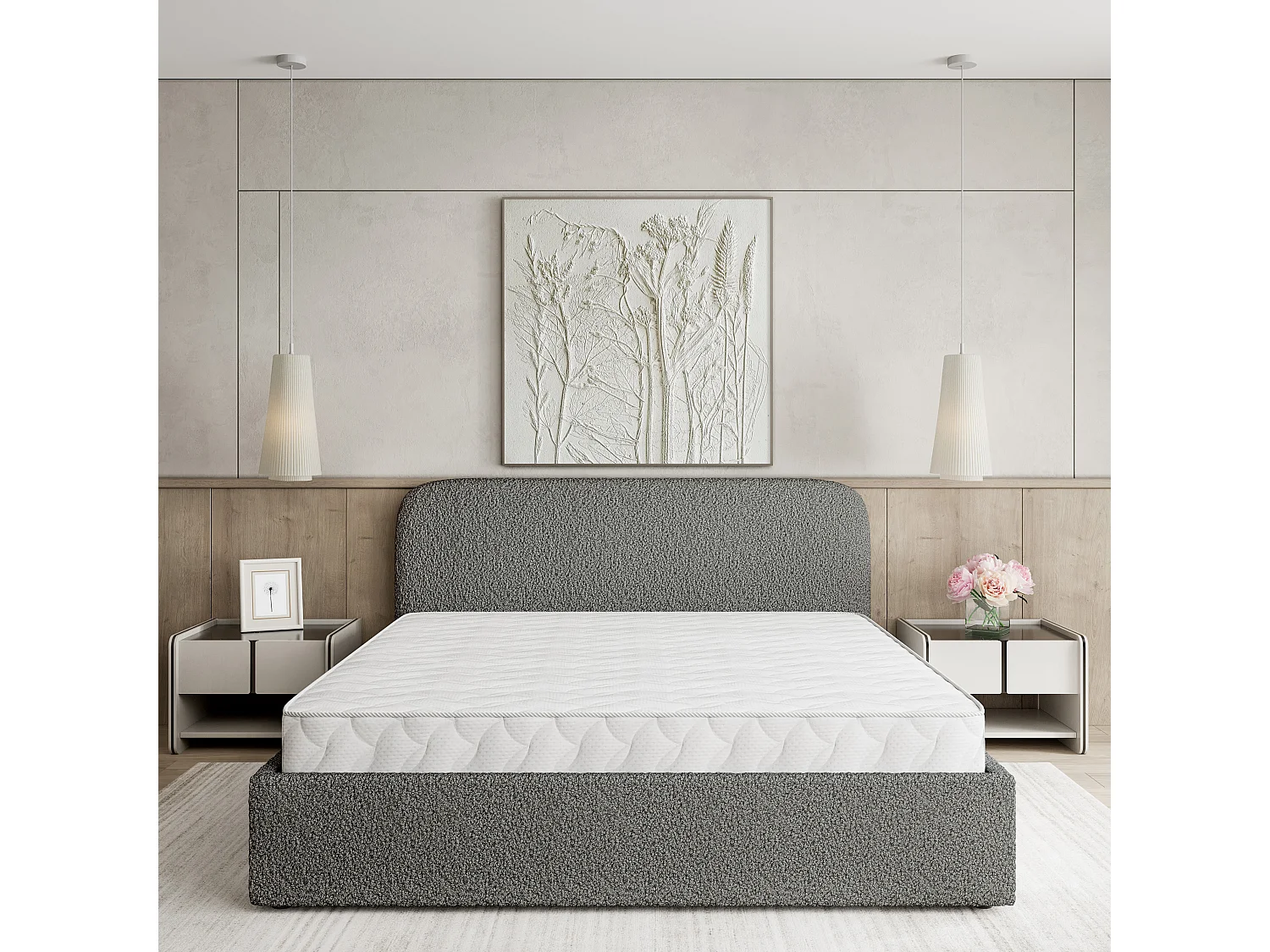 Gestoffeerd bed RENIVE 140x200 cm - Bouclé stof - Grijs