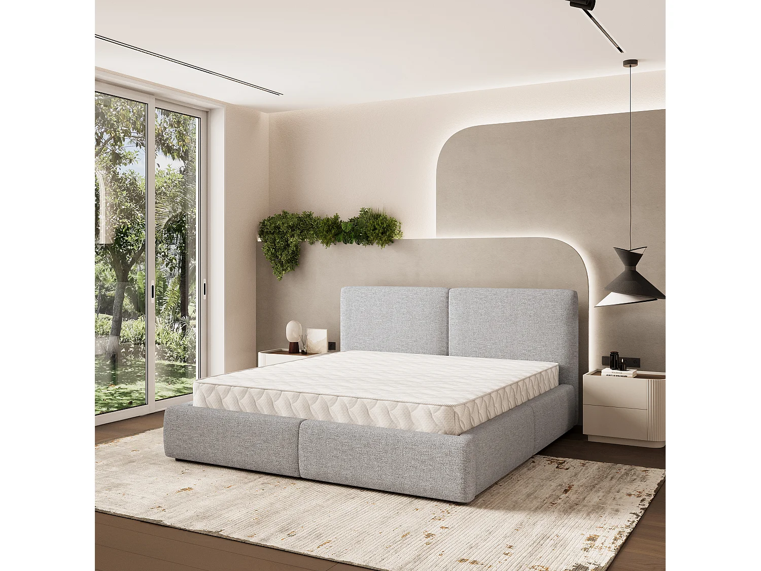 Gestoffeerd bed FELURO 140x200 cm - Geweven stof - Lichtgrijs