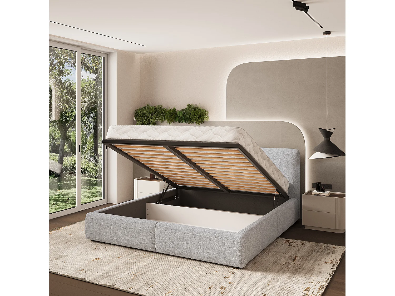 Gestoffeerd bed FELURO 140x200 cm - Geweven stof - Lichtgrijs