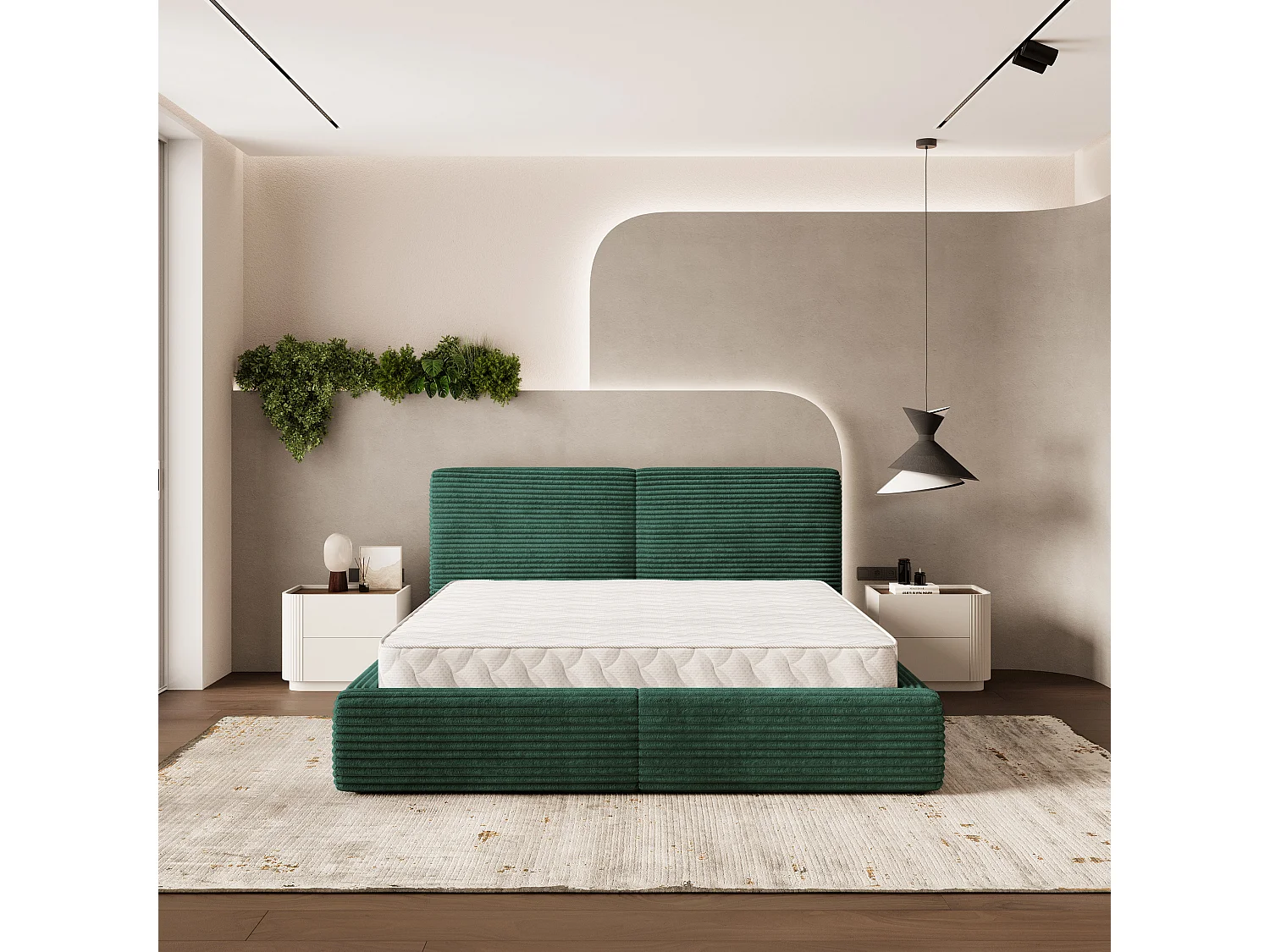 Gestoffeerd bed FELURO 140x200 cm - Corduroy stof - Flessengroen