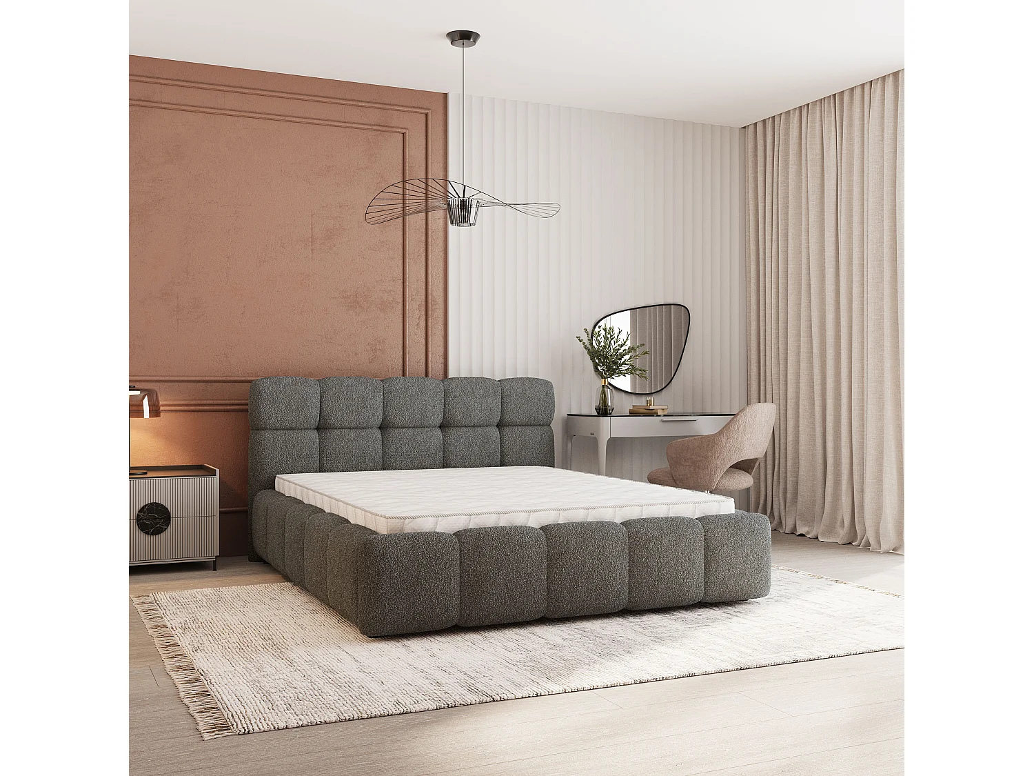 Gestoffeerd bed FARU 140x200 cm - Bouclé stof - Grijs