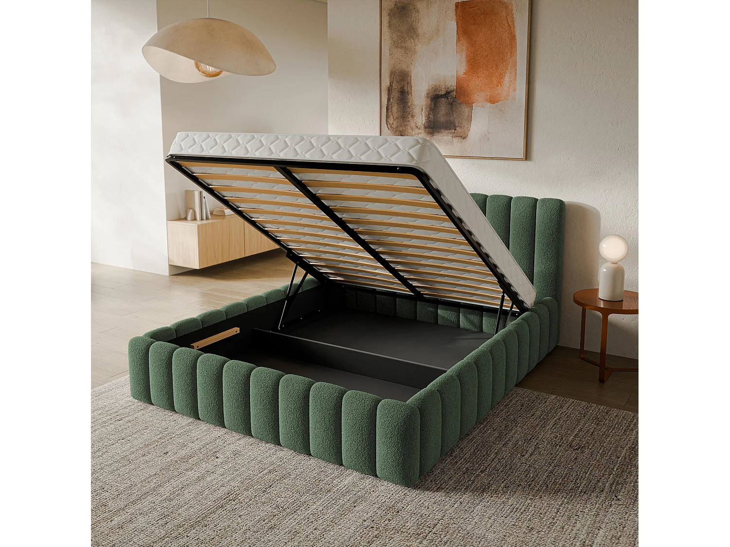 Gestoffeerd bed TEBA 200x200 cm - Bouclé stof - Groen