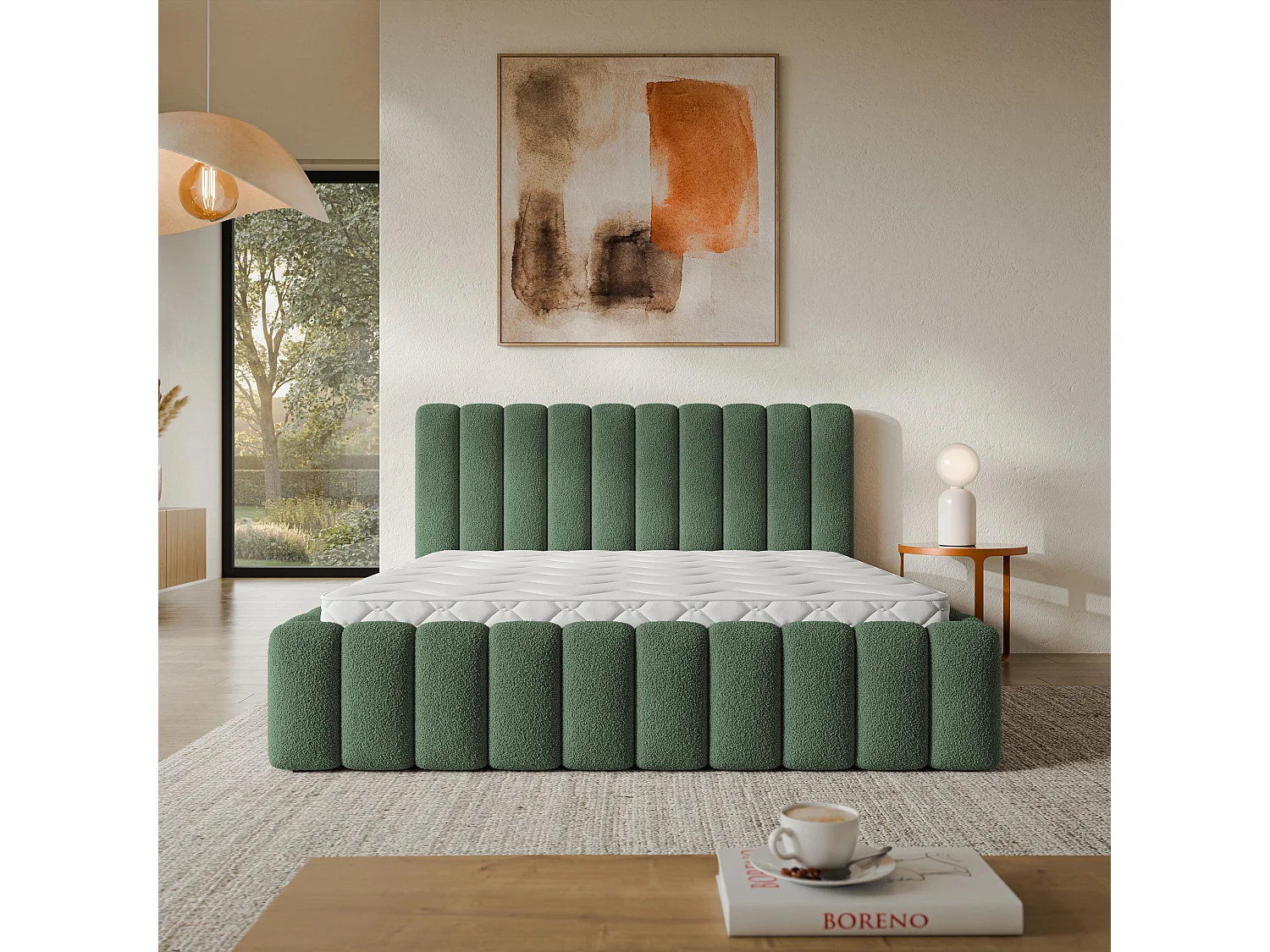 Gestoffeerd bed TEBA 200x200 cm - Bouclé stof - Groen