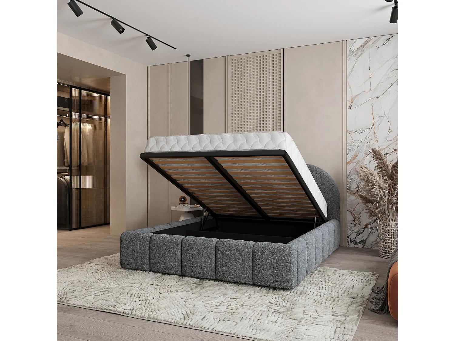 Gestoffeerd bed FLUSSO 180x200 cm - Bouclé stof - Grijs