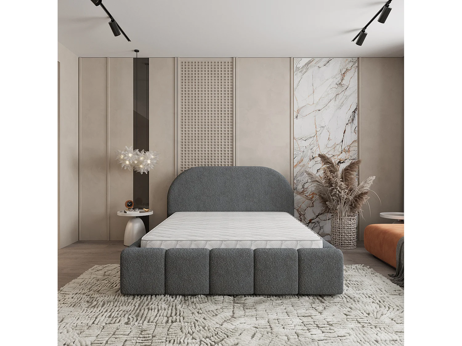 Gestoffeerd bed FLUSSO 180x200 cm - Bouclé stof - Grijs