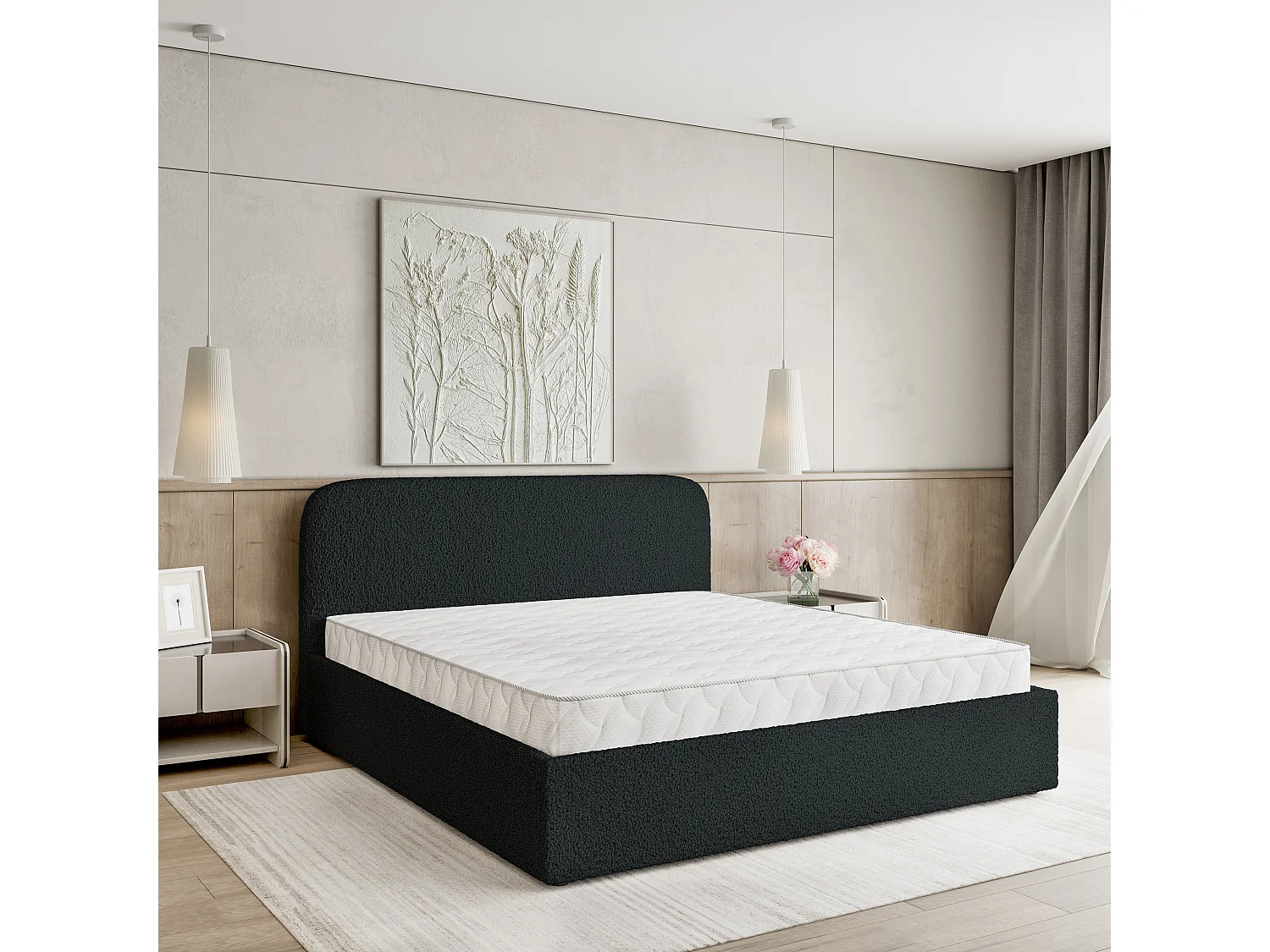 Gestoffeerd bed RENIVE 180x200 cm - Bouclé stof - Zwart