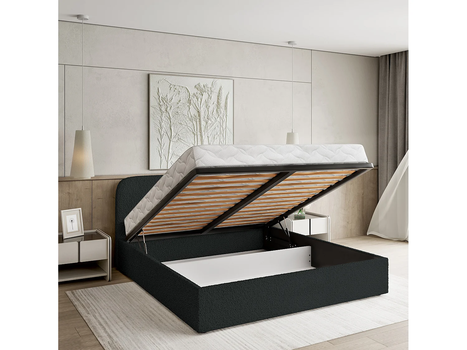 Gestoffeerd bed RENIVE 180x200 cm - Bouclé stof - Zwart