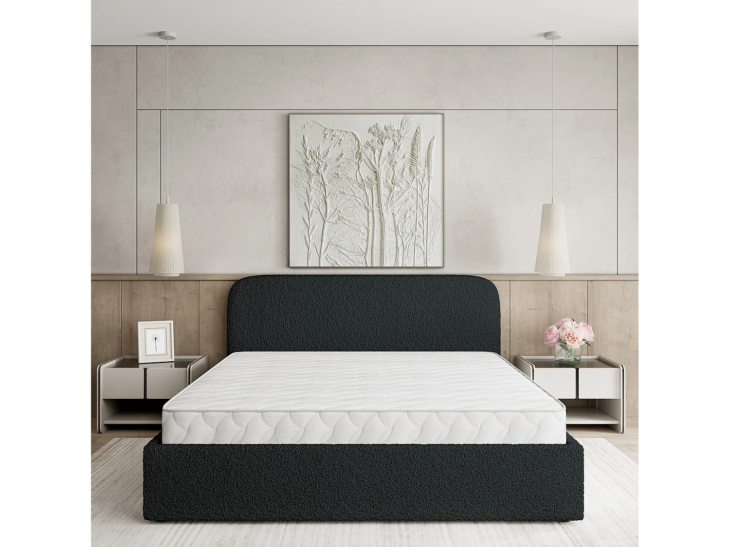 Gestoffeerd bed RENIVE 180x200 cm - Bouclé stof - Zwart