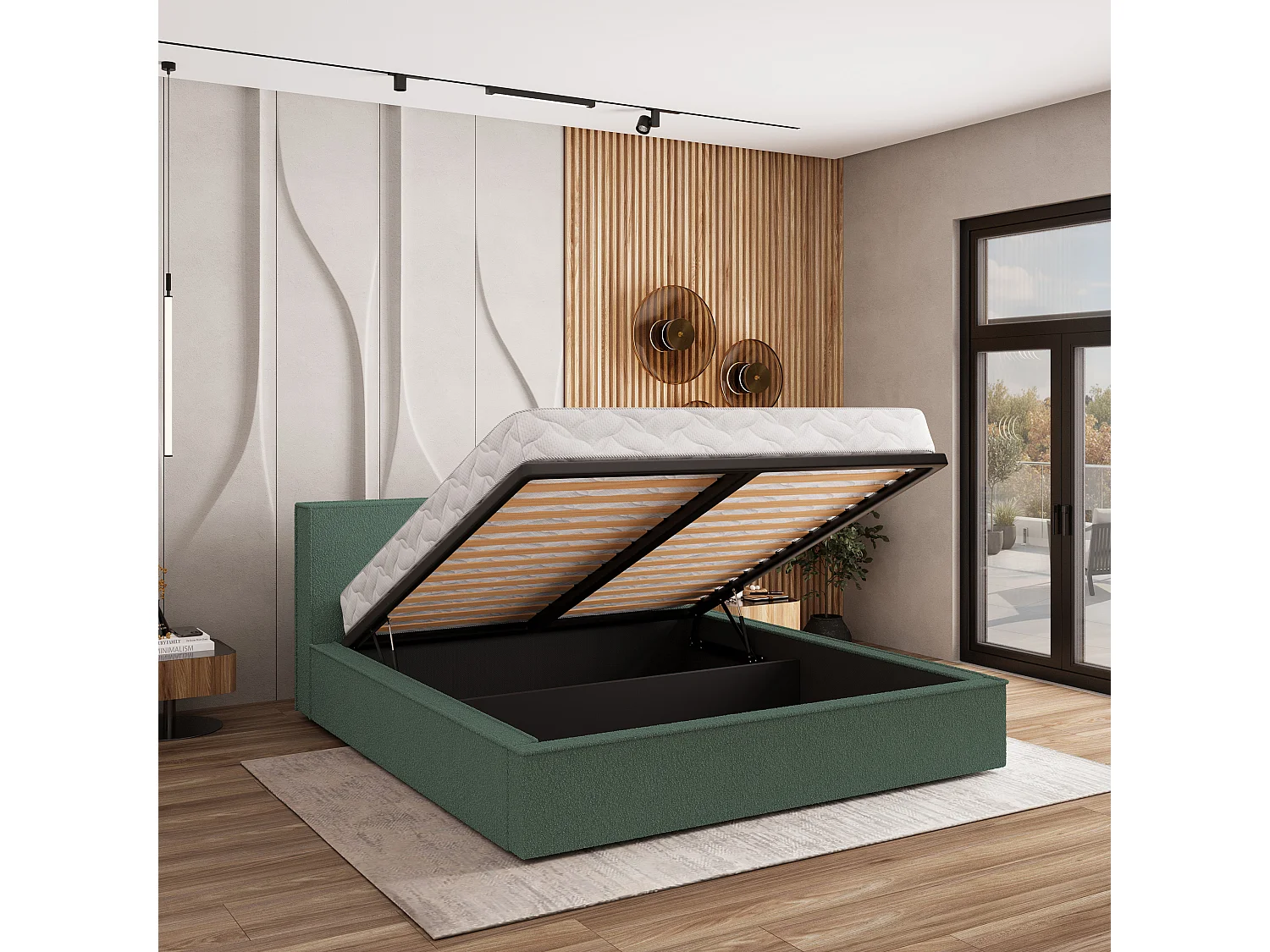 Gestoffeerd bed CELORA 160x200 cm - Bouclé stof - Groen