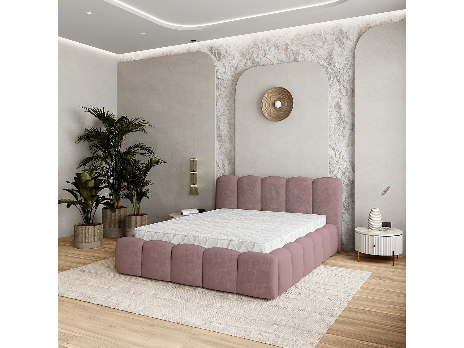 Lit Coffre FALINA 200x200 cm - Tissu peluche - Rose poudré