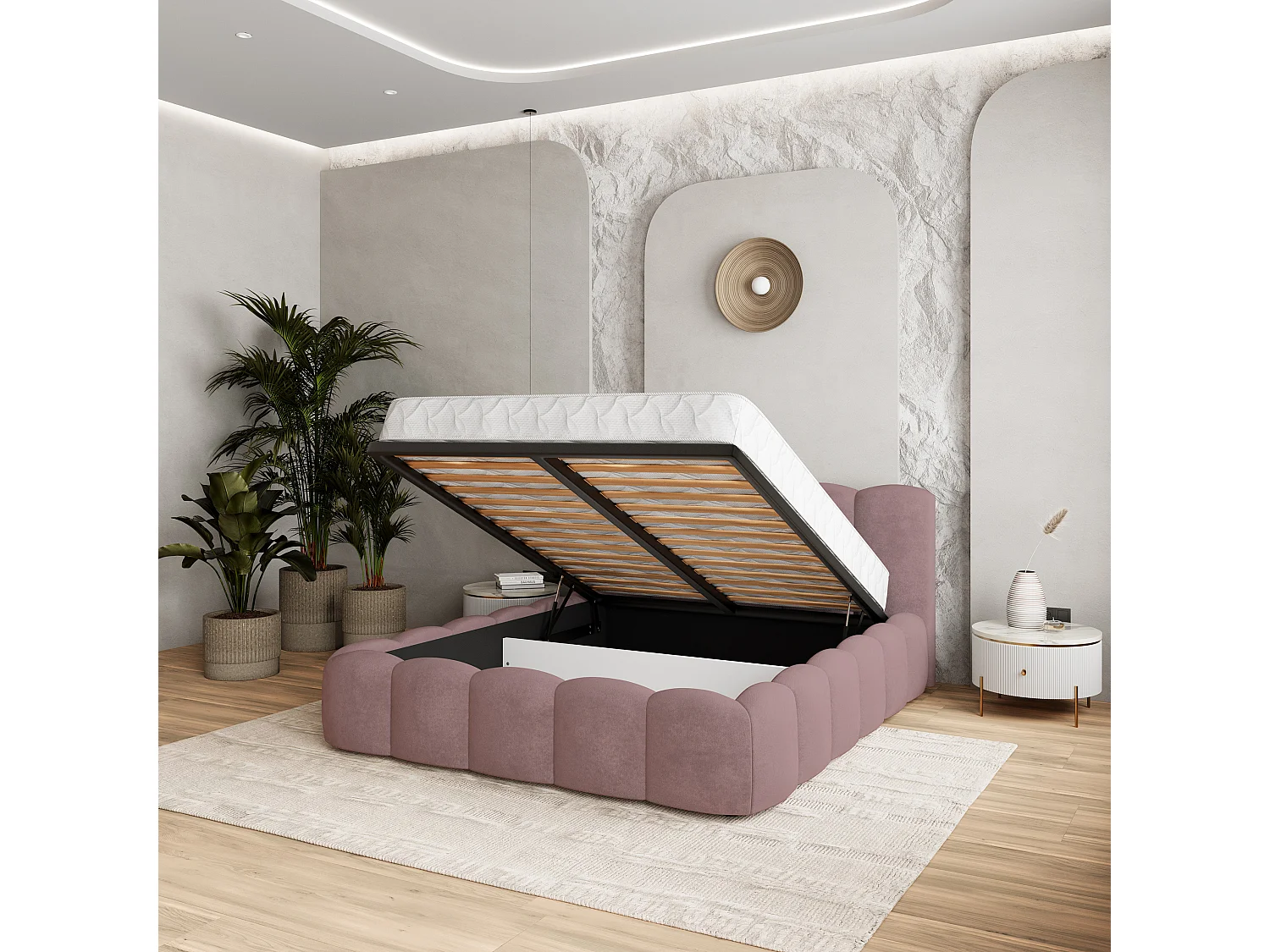 Lit Coffre FALINA 200x200 cm - Tissu peluche - Rose poudré