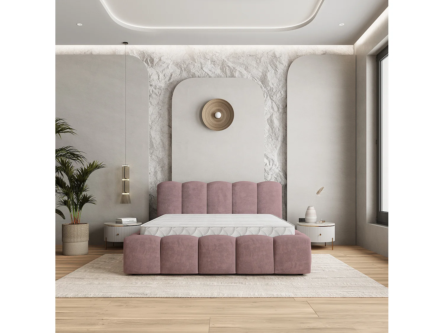 Lit Coffre FALINA 200x200 cm - Tissu peluche - Rose poudré