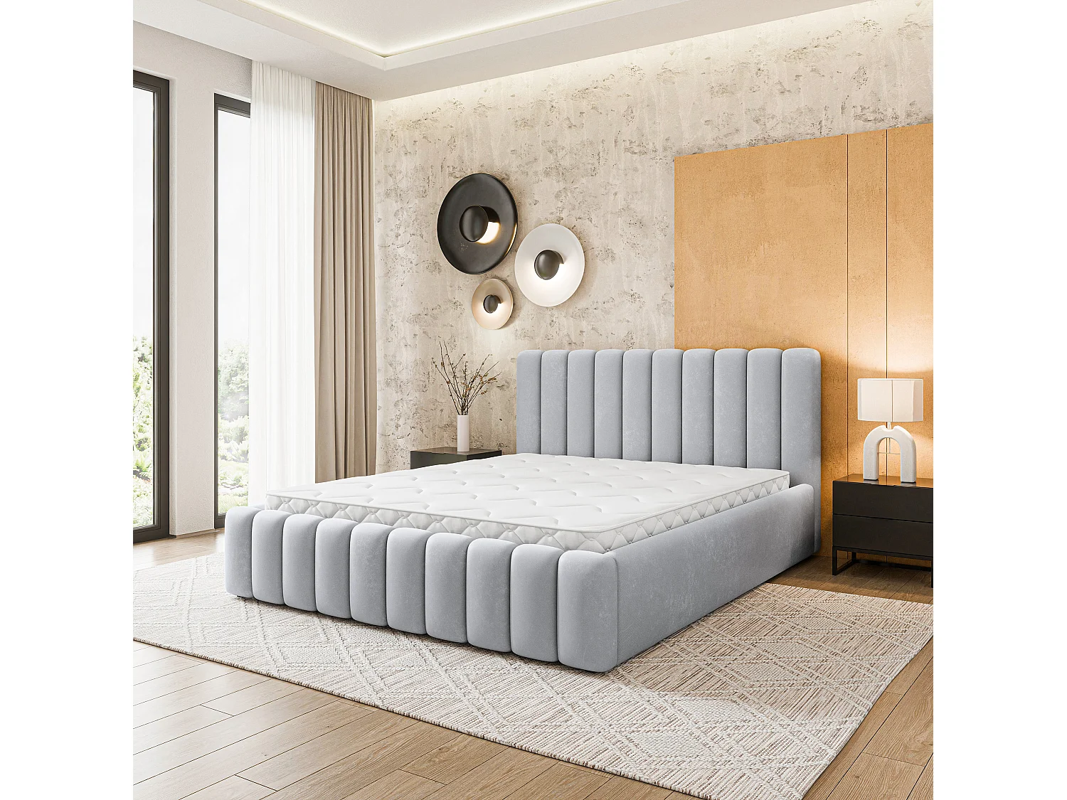 Gestoffeerd bed DINESE 180x200 cm - Pluche stof - Lichtgrijs