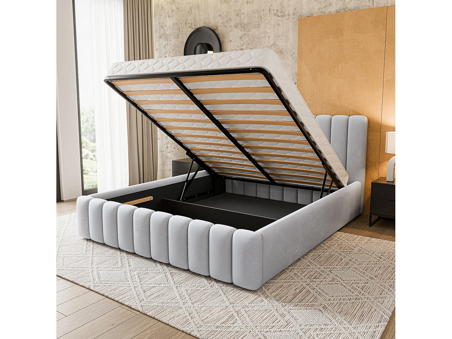 Gestoffeerd bed DINESE 180x200 cm - Pluche stof - Lichtgrijs