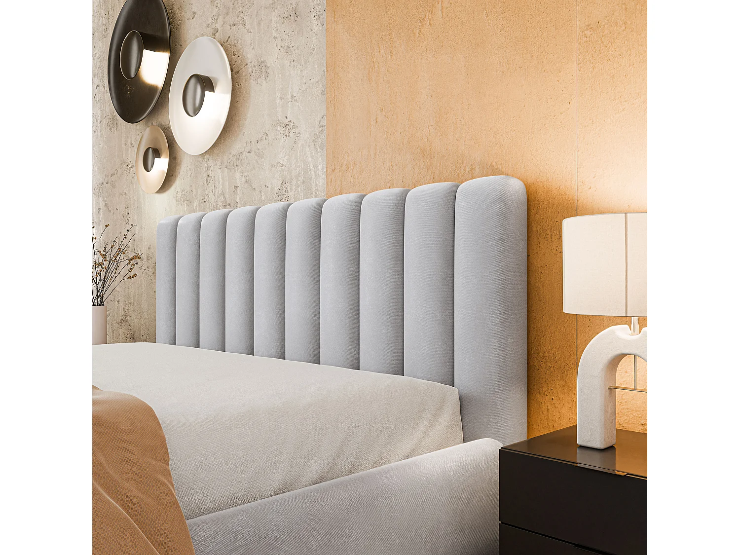 Gestoffeerd bed DINESE 180x200 cm - Pluche stof - Lichtgrijs