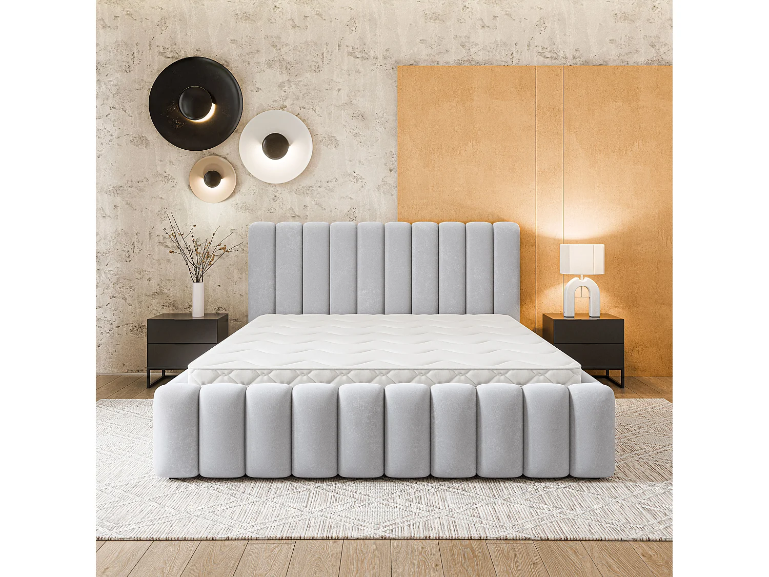 Gestoffeerd bed DINESE 180x200 cm - Pluche stof - Lichtgrijs