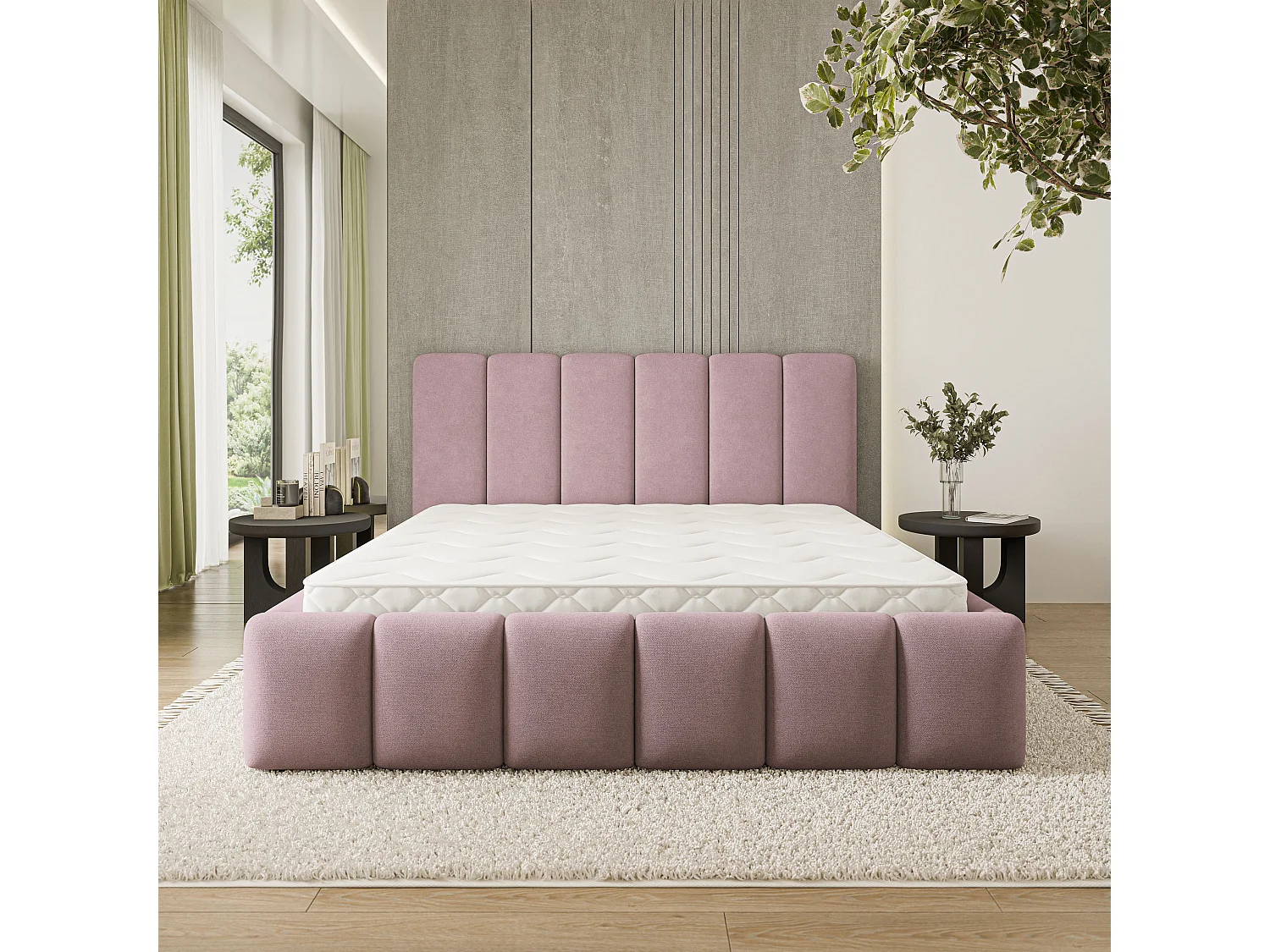 Lit Coffre ATTORA 120x200 cm - Tissu tissé - Rose poudré