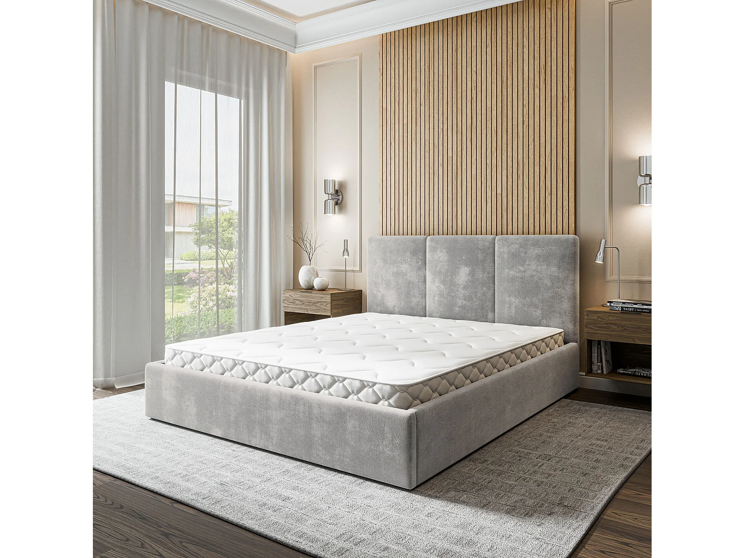 Gestoffeerd bed AZURI 180x200 cm - Chenillestof - Lichtgrijs