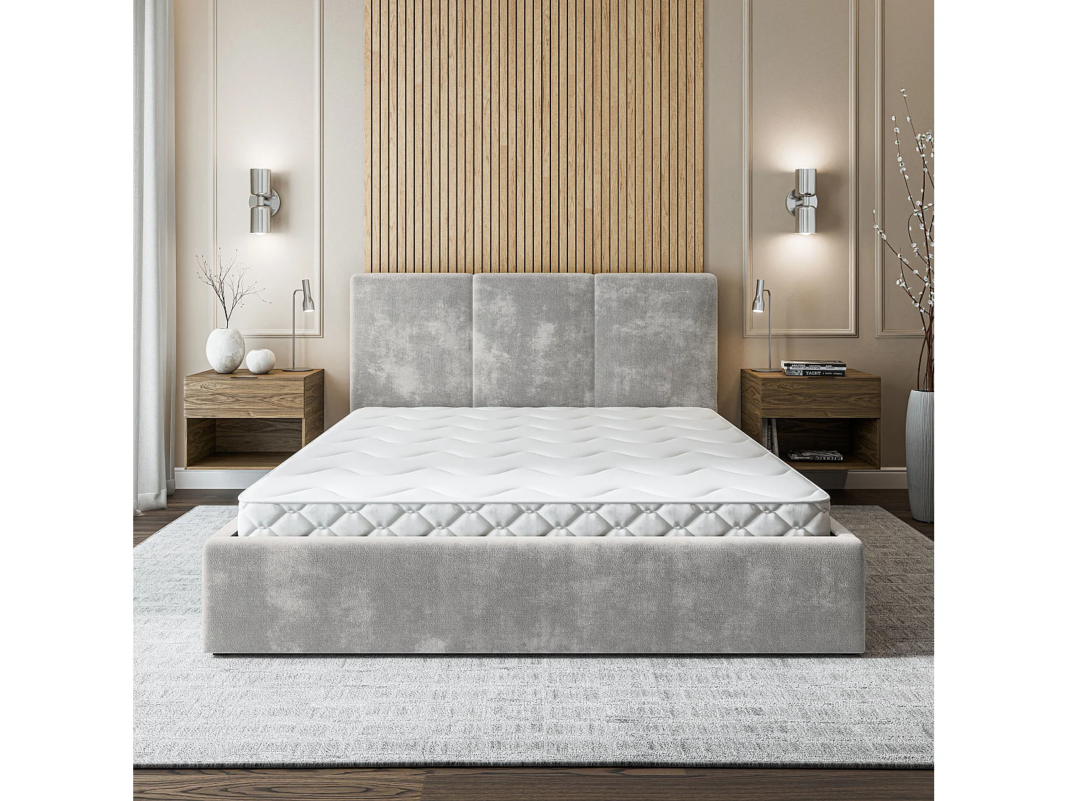 Gestoffeerd bed AZURI 180x200 cm - Chenillestof - Lichtgrijs