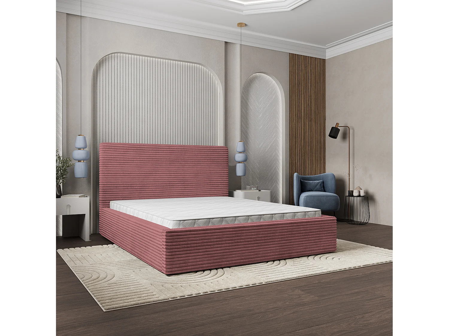 Lit Coffre MIRETTI 160x200 cm - Velours côtelé - Rose poudré