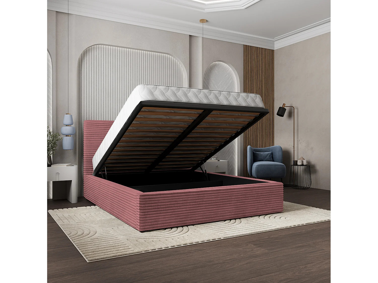 Lit Coffre MIRETTI 160x200 cm - Velours côtelé - Rose poudré