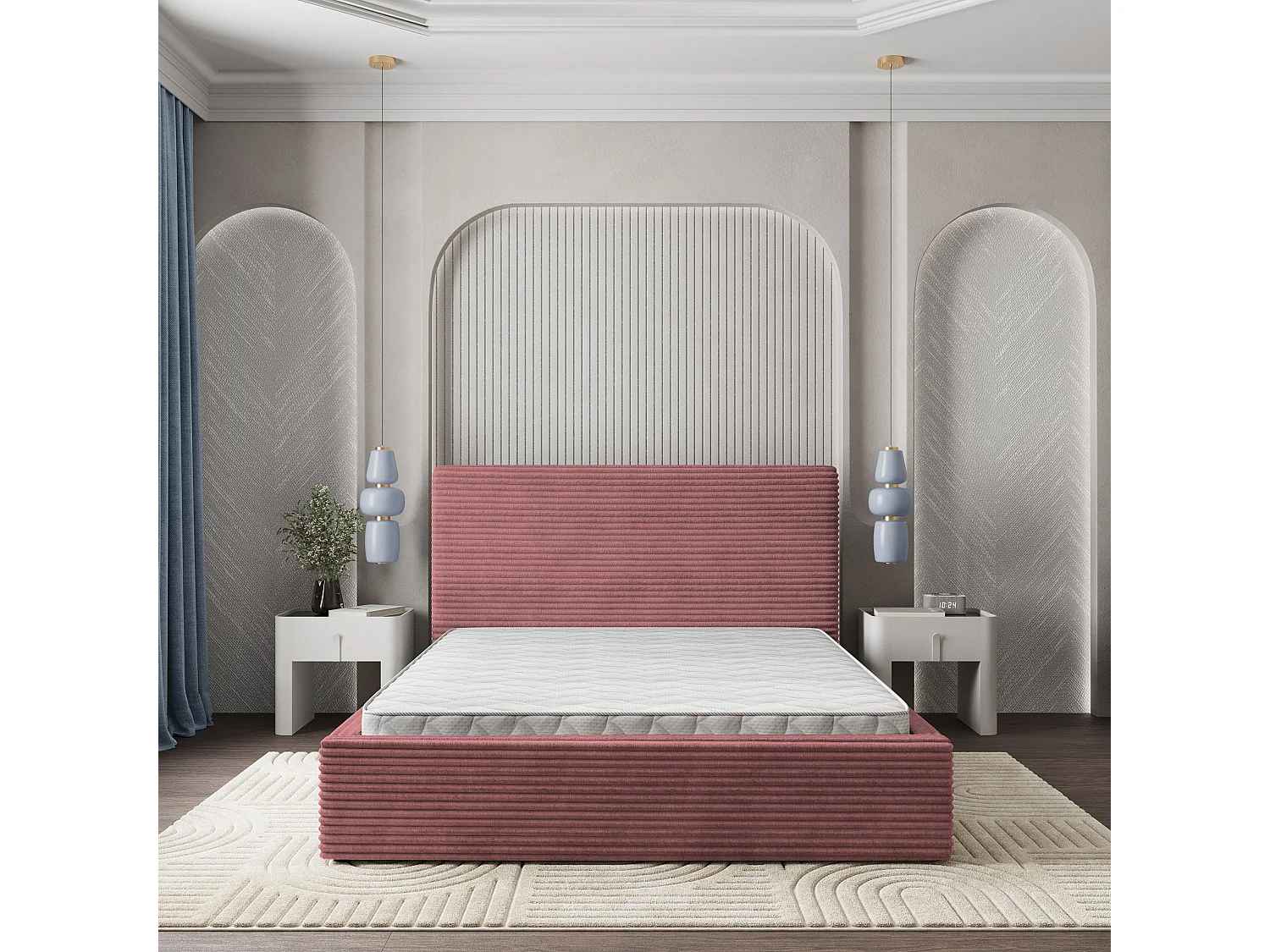 Lit Coffre MIRETTI 160x200 cm - Velours côtelé - Rose poudré