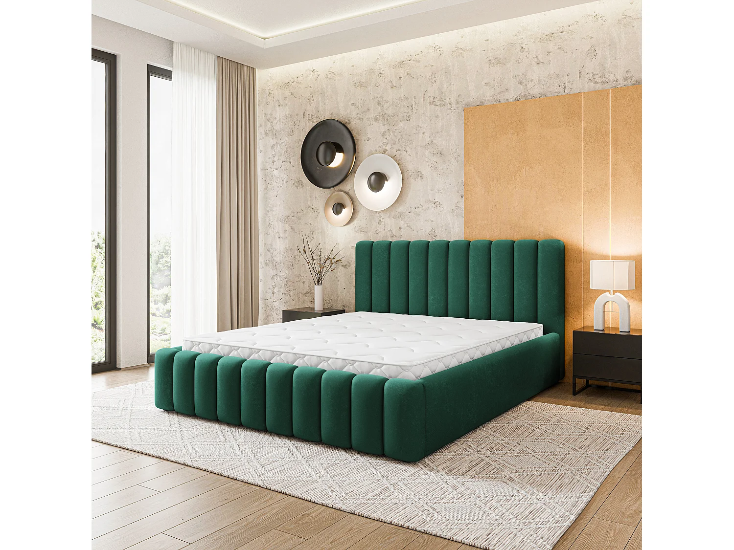 Gestoffeerd bed DINESE 160x200 cm - Pluche stof - Flessengroen