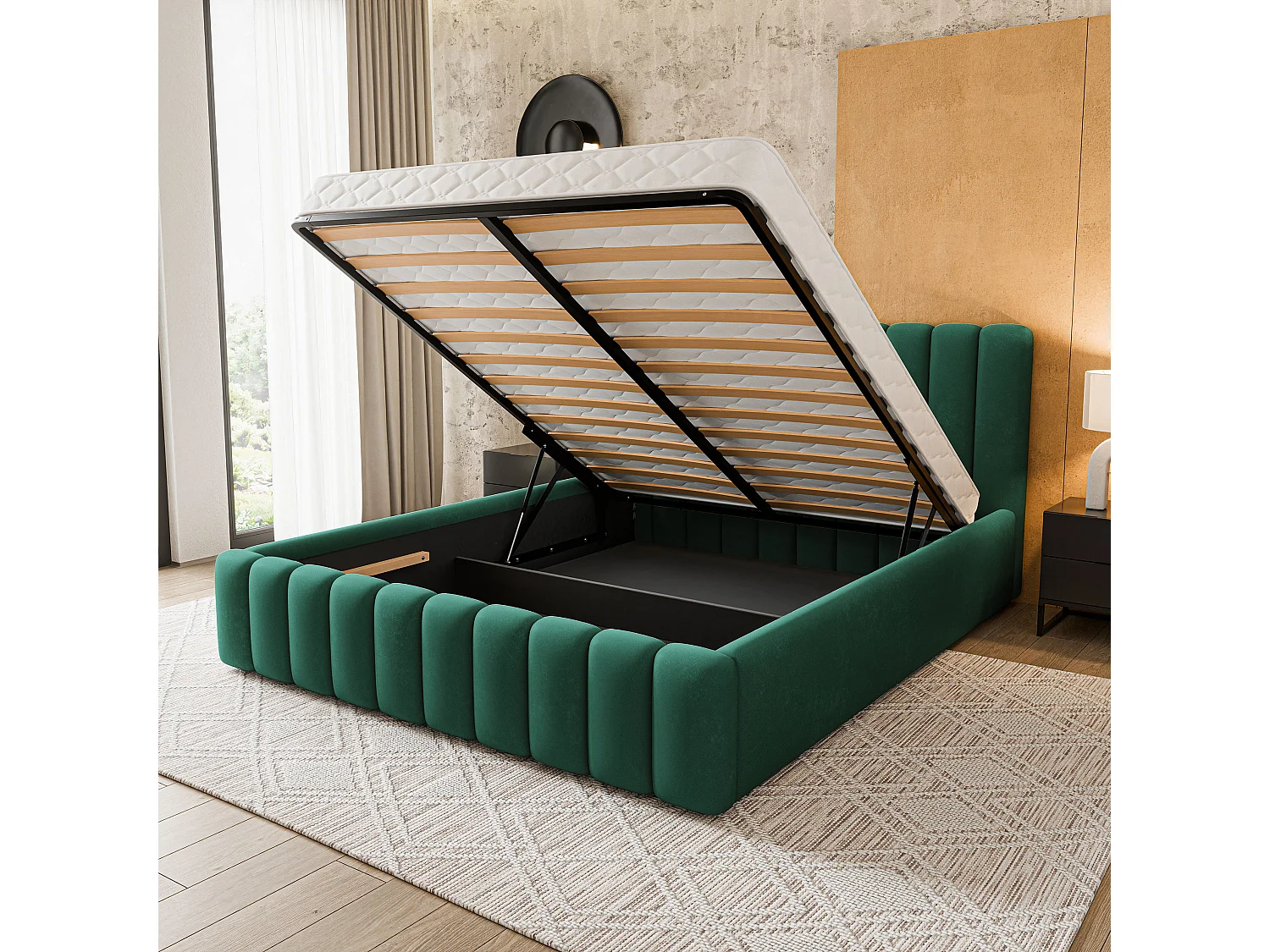 Gestoffeerd bed DINESE 160x200 cm - Pluche stof - Flessengroen