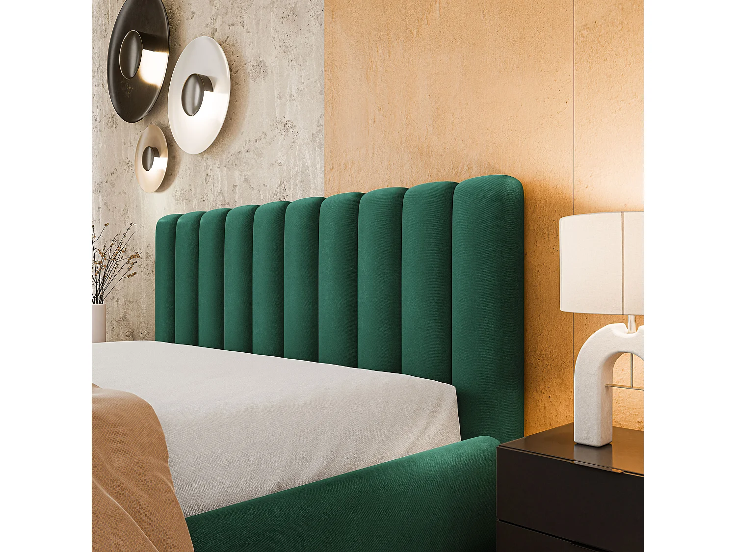 Gestoffeerd bed DINESE 160x200 cm - Pluche stof - Flessengroen