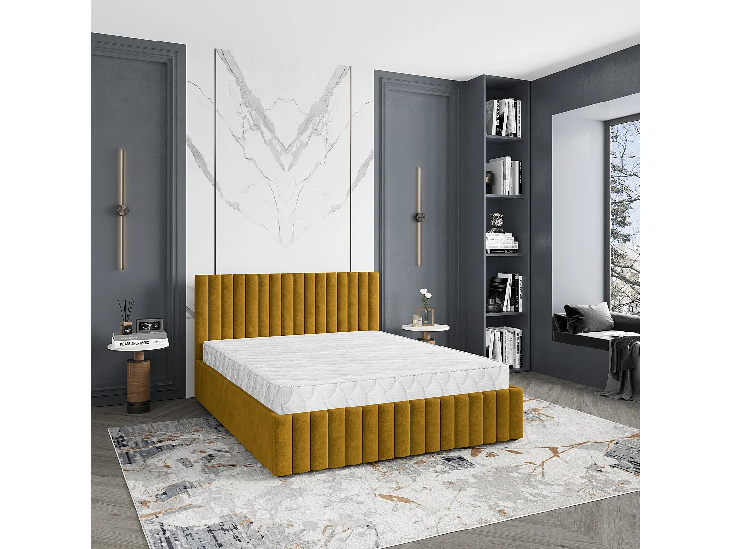Lit Coffre CARMIA 200x200 cm - Tissu peluche - Jaune