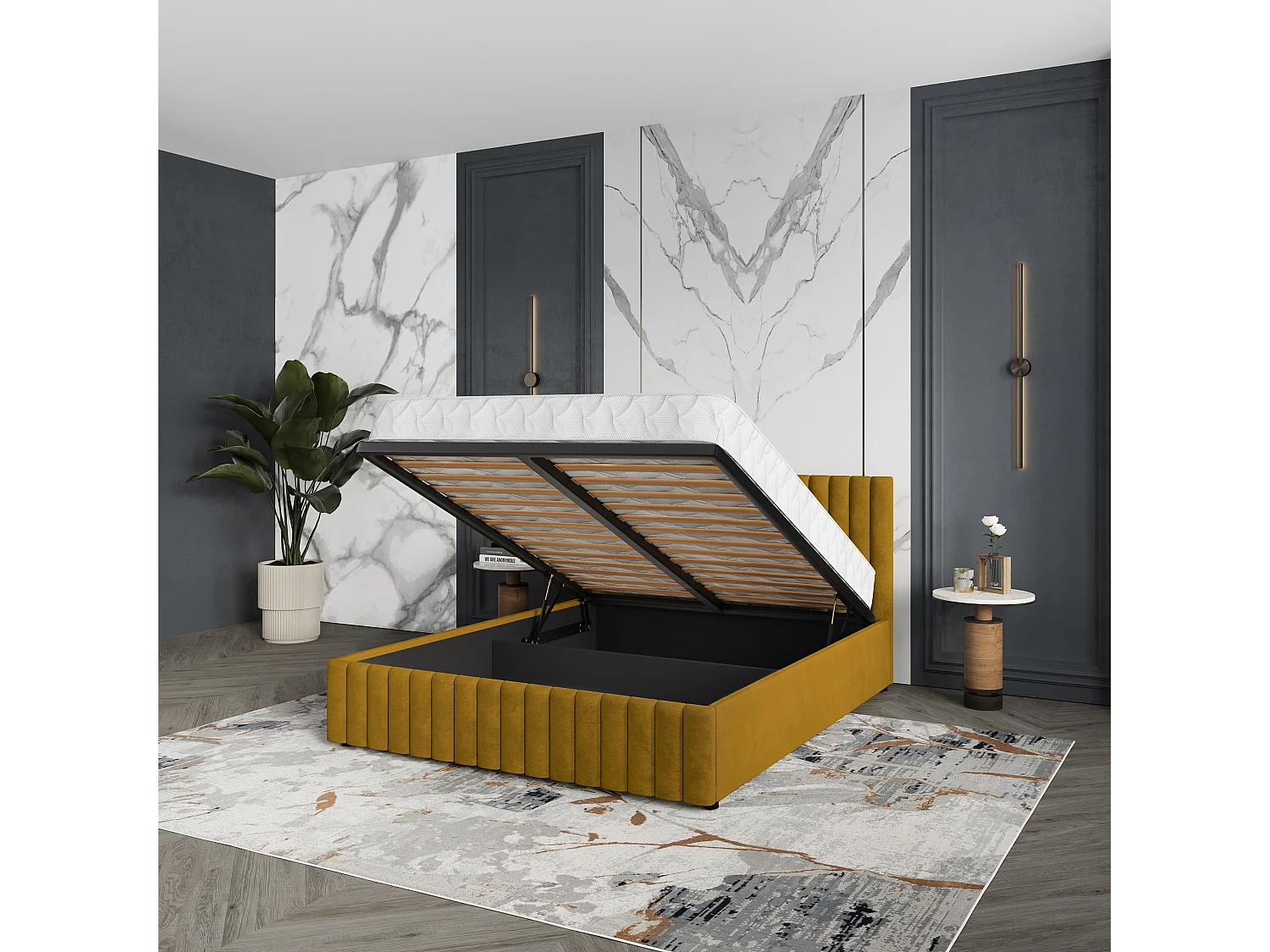 Lit Coffre CARMIA 200x200 cm - Tissu peluche - Jaune