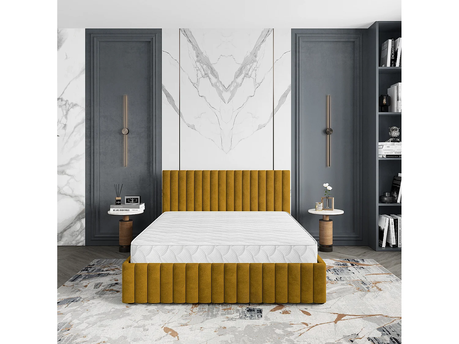 Lit Coffre CARMIA 200x200 cm - Tissu peluche - Jaune
