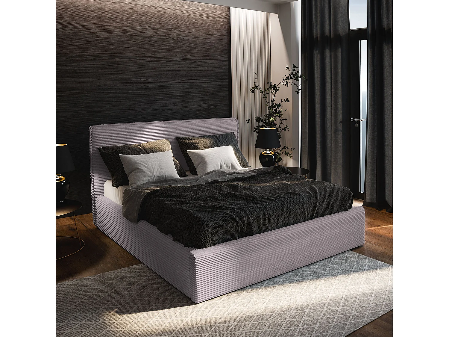 Lit Coffre PARMA 200x200 cm - Velours côtelé - Rose poudré