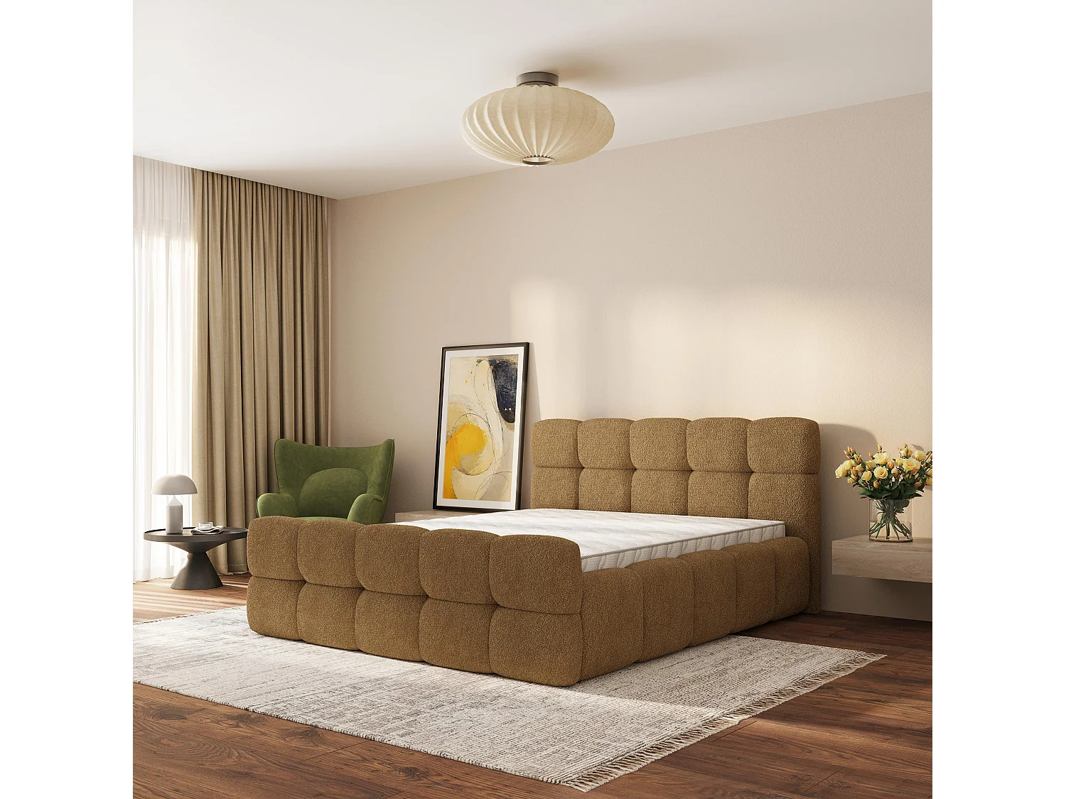 Lit Coffre ELIZJA 180x200 cm - Tissu bouclé - Miel