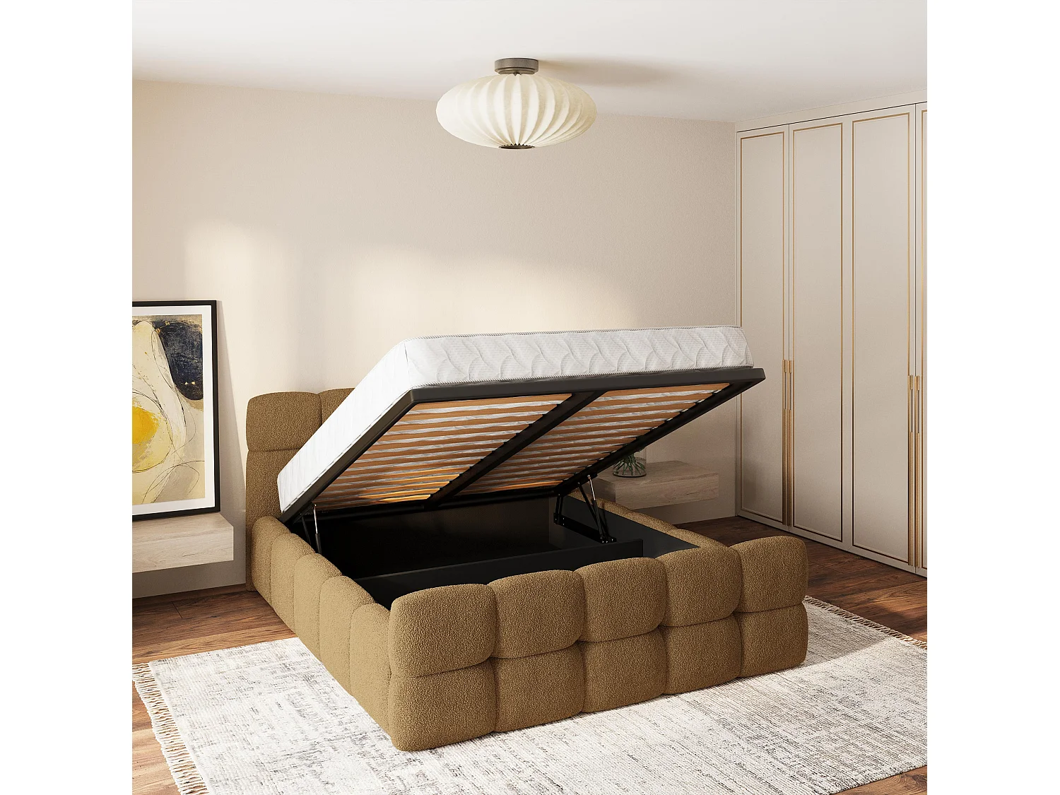 Lit Coffre ELIZJA 180x200 cm - Tissu bouclé - Miel