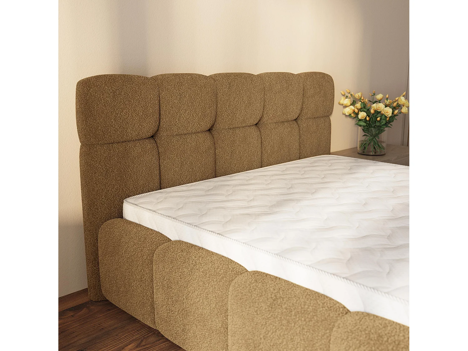 Lit Coffre ELIZJA 180x200 cm - Tissu bouclé - Miel