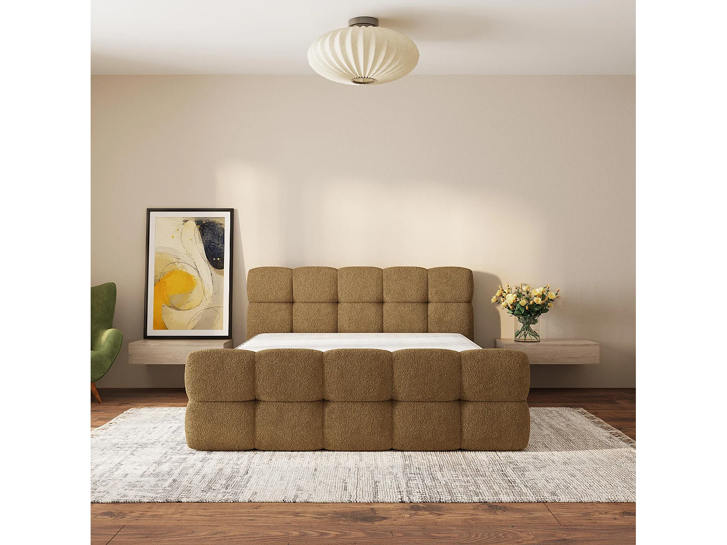 Lit Coffre ELIZJA 180x200 cm - Tissu bouclé - Miel